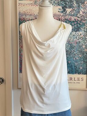 INC White Cowl Neck Tank Top Size XS Draped One Shoulder Minimalist Glam Party